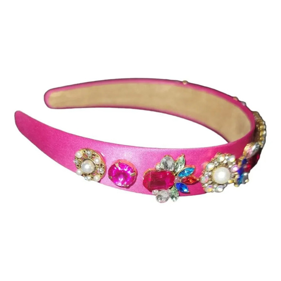 Barbiecore pink satin n suede rhinestone pearl baroque luxury bejeweled headband - Picture 2 of 3